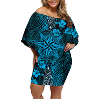 Vintage Tonga Tribal Ngatu Pattern Family Matching Off Shoulder Short Dress and Hawaiian Shirt With Pacific Floral Aqua Art LT9 Mom's Dress Aqua - Polynesian Pride