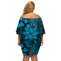 Vintage Tonga Tribal Ngatu Pattern Family Matching Off Shoulder Short Dress and Hawaiian Shirt With Pacific Floral Aqua Art LT9 - Polynesian Pride