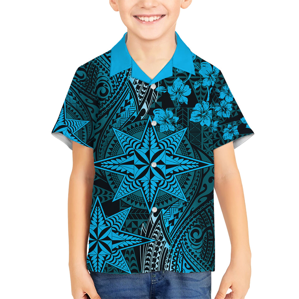 Vintage Tonga Tribal Ngatu Pattern Family Matching Off Shoulder Short Dress and Hawaiian Shirt With Pacific Floral Aqua Art LT9 Son's Shirt Aqua - Polynesian Pride