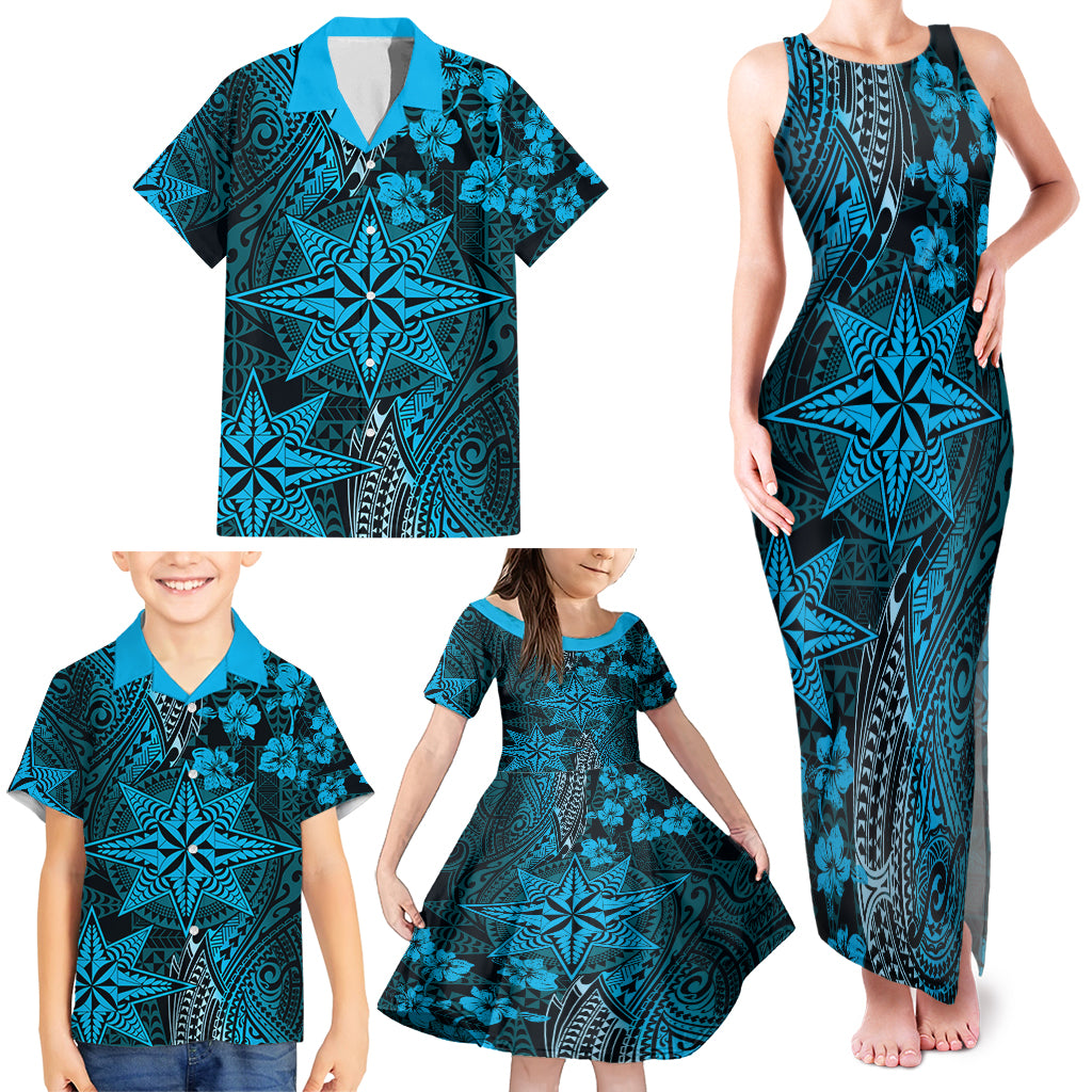 Vintage Tonga Tribal Ngatu Pattern Family Matching Tank Maxi Dress and Hawaiian Shirt With Pacific Floral Aqua Art LT9 - Polynesian Pride