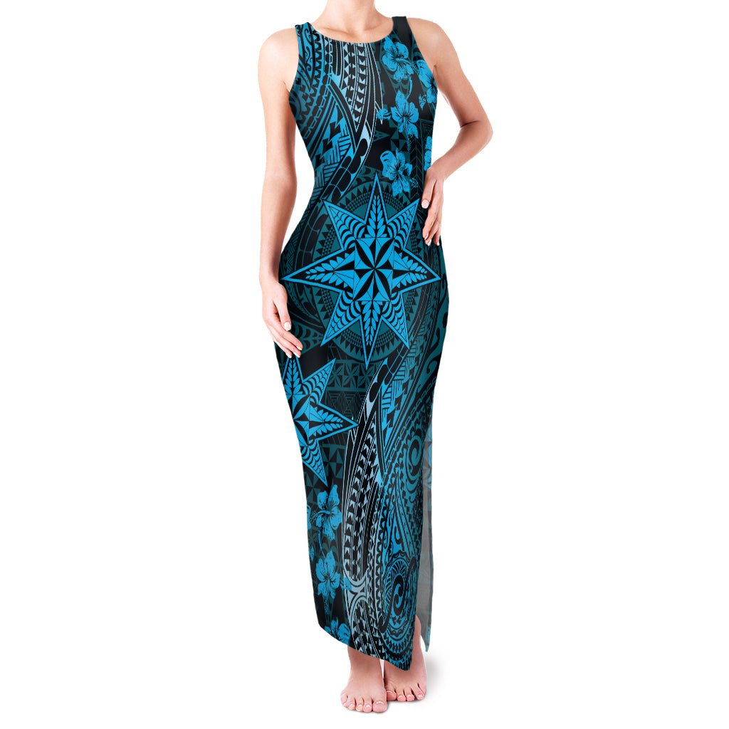 Vintage Tonga Tribal Ngatu Pattern Family Matching Tank Maxi Dress and Hawaiian Shirt With Pacific Floral Aqua Art LT9 Mom's Dress Aqua - Polynesian Pride