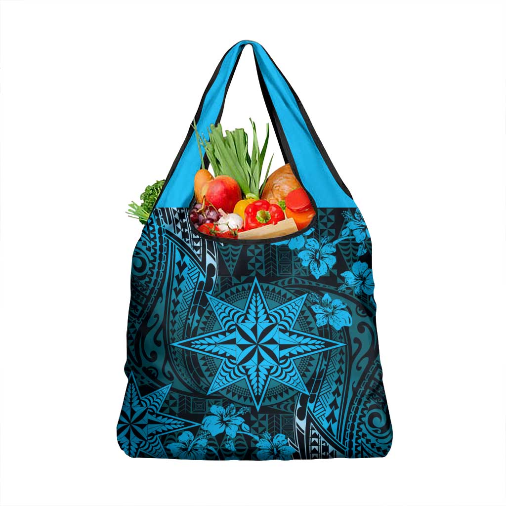Vintage Tonga Tribal Ngatu Pattern Grocery Bag With Pacific Floral Aqua Art