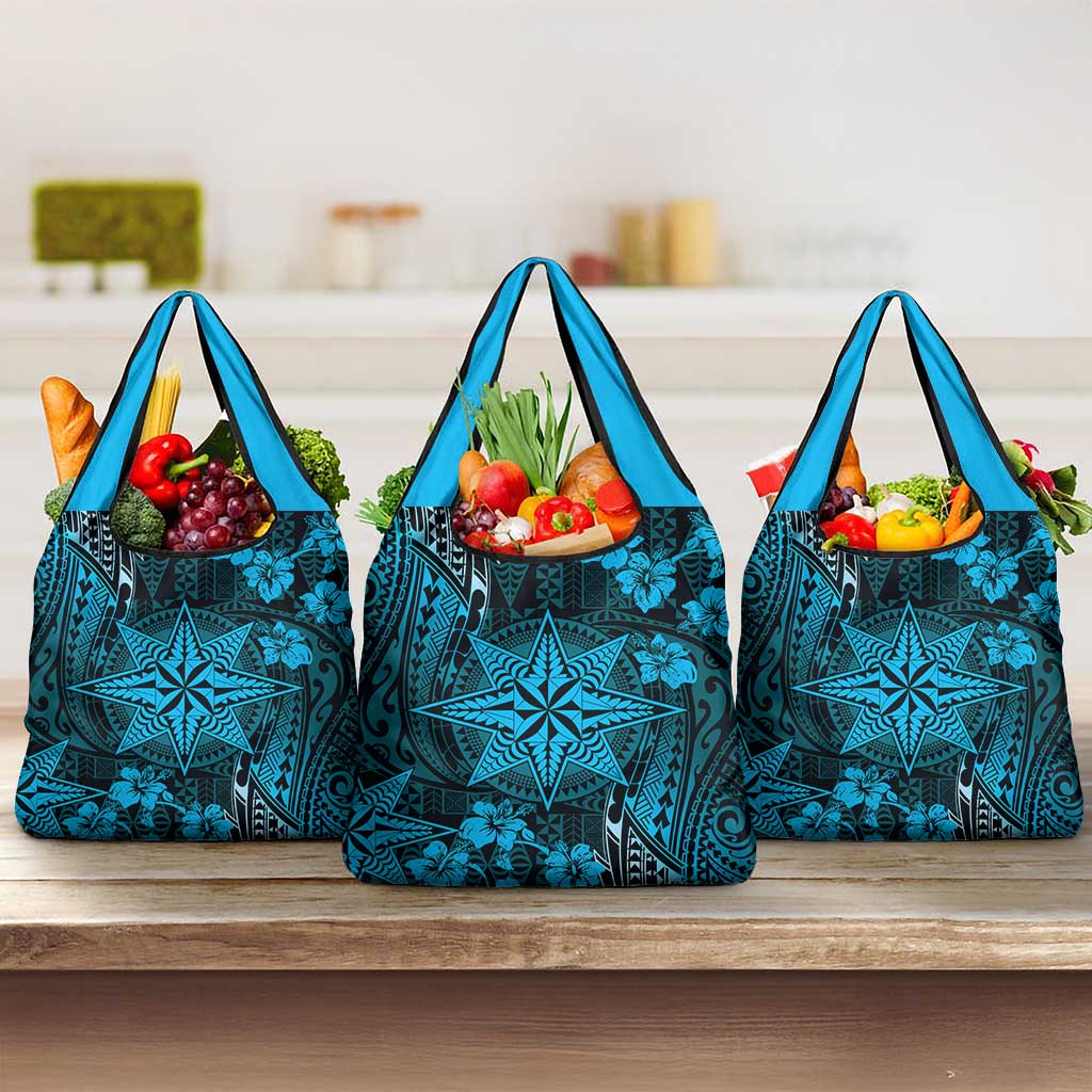 Vintage Tonga Tribal Ngatu Pattern Grocery Bag With Pacific Floral Aqua Art