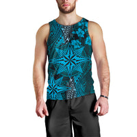 Vintage Tonga Tribal Ngatu Pattern Men Tank Top With Pacific Floral Aqua Art