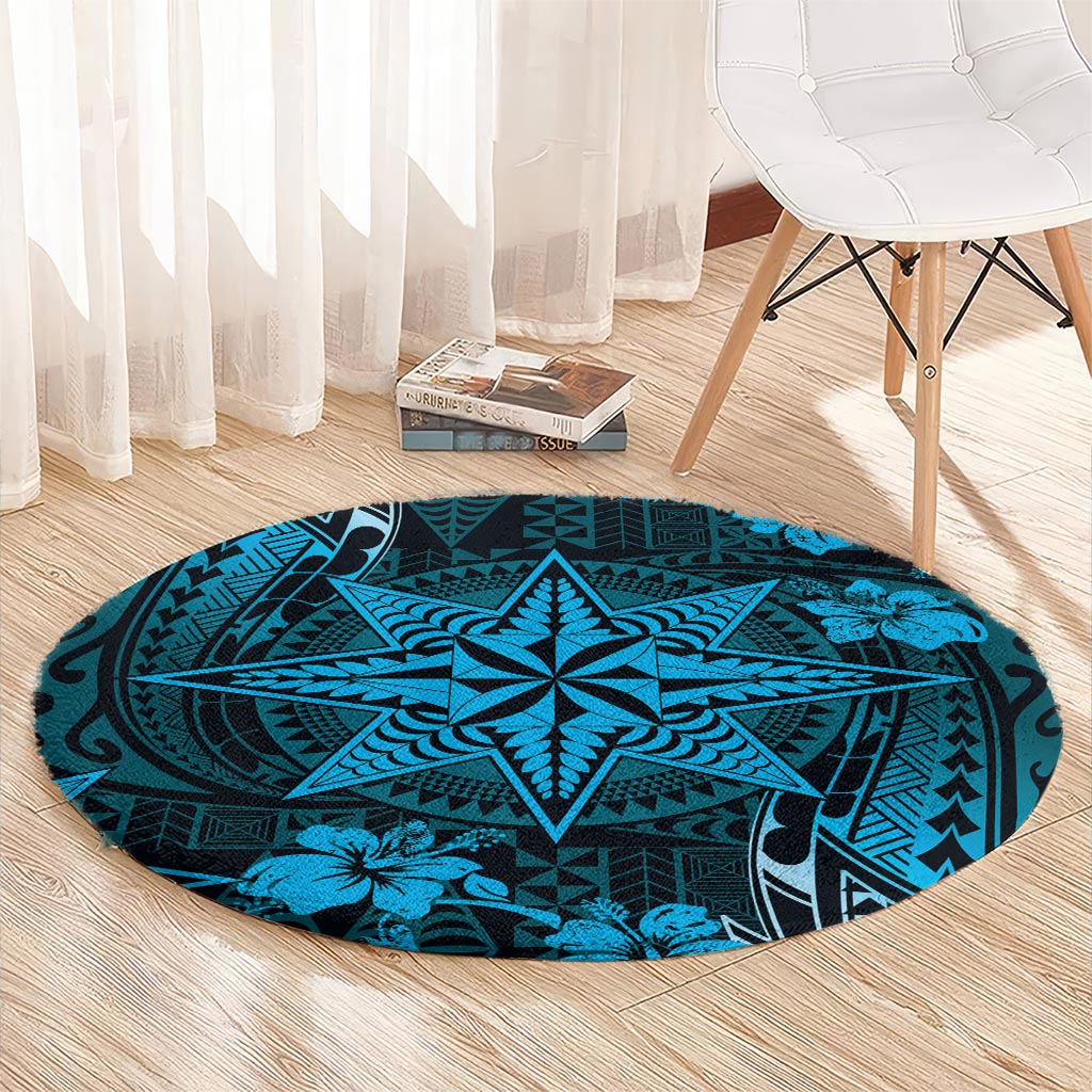 Vintage Tonga Tribal Ngatu Pattern Round Carpet With Pacific Floral Aqua Art
