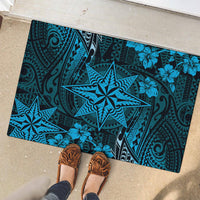 Vintage Tonga Tribal Ngatu Pattern Rubber Doormat With Pacific Floral Aqua Art