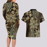 Vintage Tonga Tribal Ngatu Pattern Couples Matching Long Sleeve Bodycon Dress and Hawaiian Shirt With Pacific Floral Brown Art