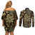Vintage Tonga Tribal Ngatu Pattern Couples Matching Off Shoulder Short Dress and Long Sleeve Button Shirt With Pacific Floral Brown Art