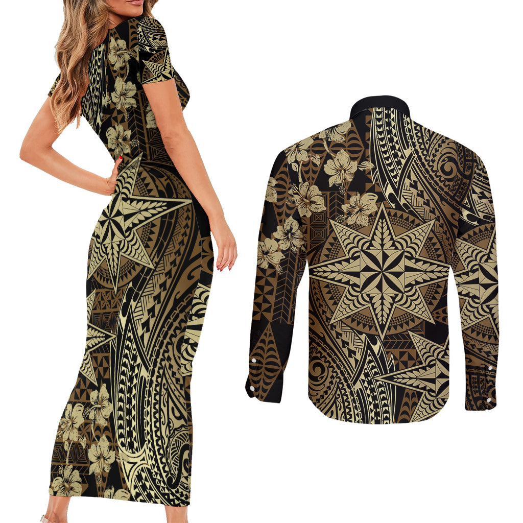 Vintage Tonga Tribal Ngatu Pattern Couples Matching Short Sleeve Bodycon Dress and Long Sleeve Button Shirt With Pacific Floral Brown Art