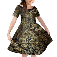 Vintage Tonga Tribal Ngatu Pattern Family Matching Long Sleeve Bodycon Dress and Hawaiian Shirt With Pacific Floral Brown Art LT9 Daughter's Dress Brown - Polynesian Pride