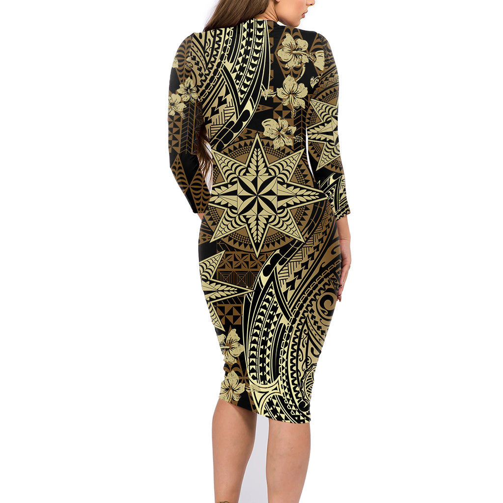 Vintage Tonga Tribal Ngatu Pattern Family Matching Long Sleeve Bodycon Dress and Hawaiian Shirt With Pacific Floral Brown Art LT9 - Polynesian Pride