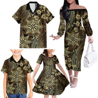 Vintage Tonga Tribal Ngatu Pattern Family Matching Off The Shoulder Long Sleeve Dress and Hawaiian Shirt With Pacific Floral Brown Art LT9 - Polynesian Pride