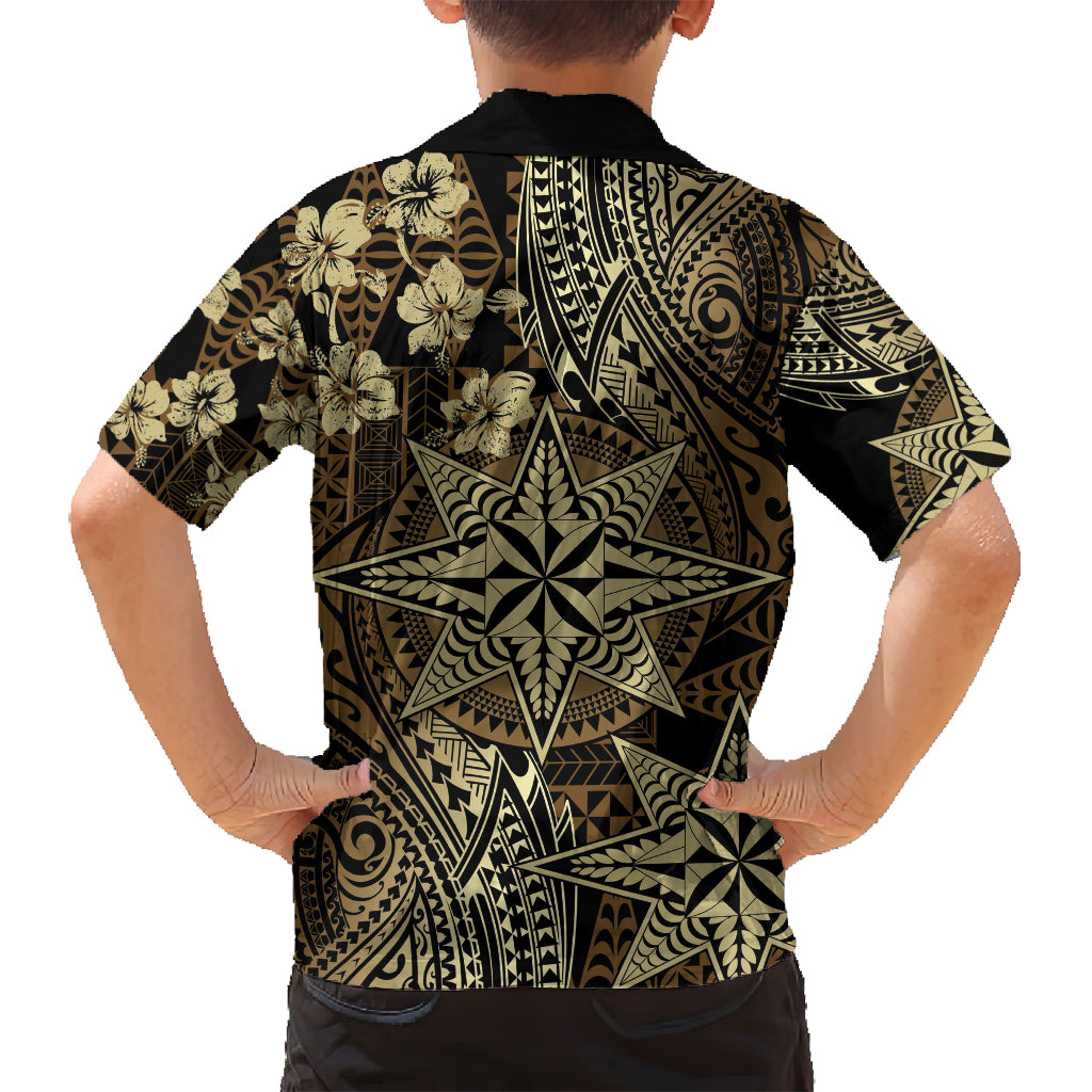 Vintage Tonga Tribal Ngatu Pattern Family Matching Off Shoulder Maxi Dress and Hawaiian Shirt With Pacific Floral Brown Art LT9 - Polynesian Pride
