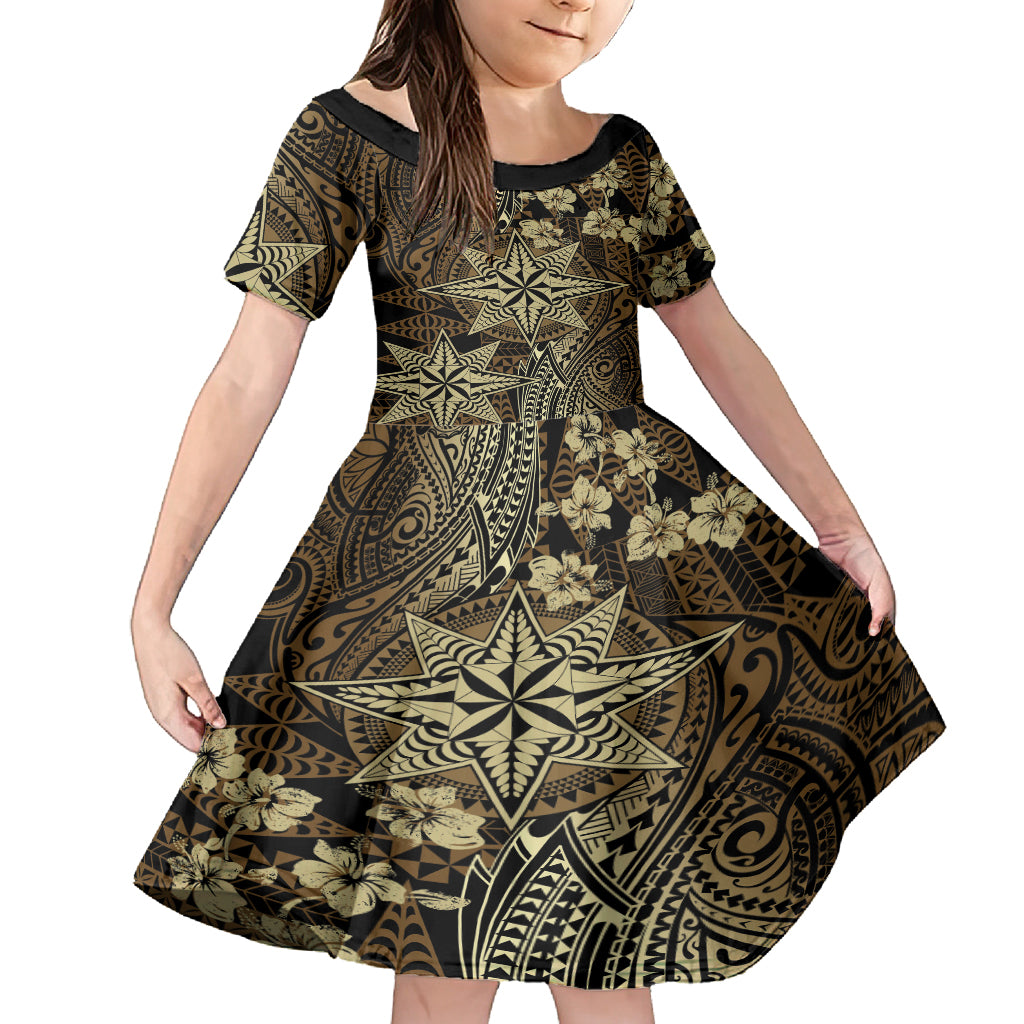 Vintage Tonga Tribal Ngatu Pattern Family Matching Off Shoulder Maxi Dress and Hawaiian Shirt With Pacific Floral Brown Art LT9 Daughter's Dress Brown - Polynesian Pride