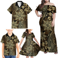 Vintage Tonga Tribal Ngatu Pattern Family Matching Off Shoulder Maxi Dress and Hawaiian Shirt With Pacific Floral Brown Art LT9 - Polynesian Pride