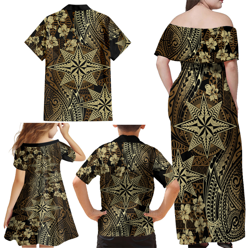 Vintage Tonga Tribal Ngatu Pattern Family Matching Off Shoulder Maxi Dress and Hawaiian Shirt With Pacific Floral Brown Art LT9 - Polynesian Pride