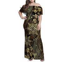 Vintage Tonga Tribal Ngatu Pattern Family Matching Off Shoulder Maxi Dress and Hawaiian Shirt With Pacific Floral Brown Art LT9 Mom's Dress Brown - Polynesian Pride