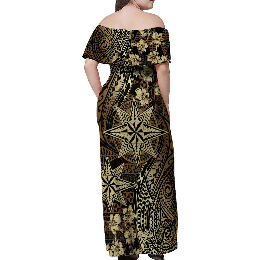 Vintage Tonga Tribal Ngatu Pattern Family Matching Off Shoulder Maxi Dress and Hawaiian Shirt With Pacific Floral Brown Art LT9 - Polynesian Pride