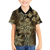 Vintage Tonga Tribal Ngatu Pattern Family Matching Off Shoulder Maxi Dress and Hawaiian Shirt With Pacific Floral Brown Art LT9 Son's Shirt Brown - Polynesian Pride