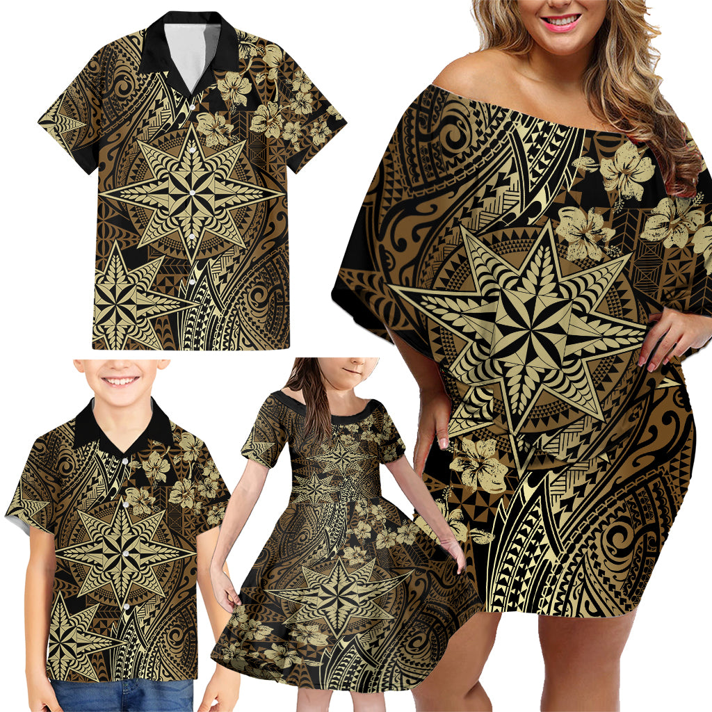 Vintage Tonga Tribal Ngatu Pattern Family Matching Off Shoulder Short Dress and Hawaiian Shirt With Pacific Floral Brown Art LT9 - Polynesian Pride
