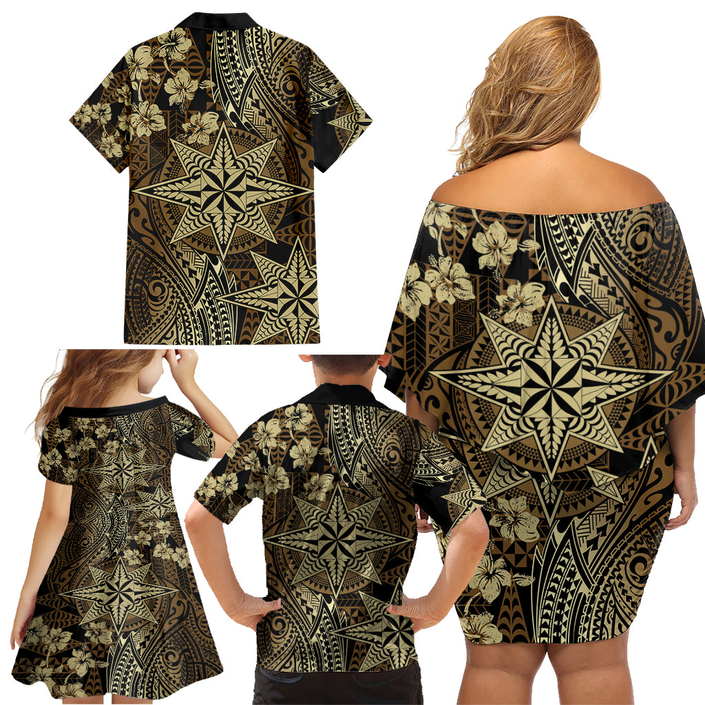 Vintage Tonga Tribal Ngatu Pattern Family Matching Off Shoulder Short Dress and Hawaiian Shirt With Pacific Floral Brown Art LT9 - Polynesian Pride