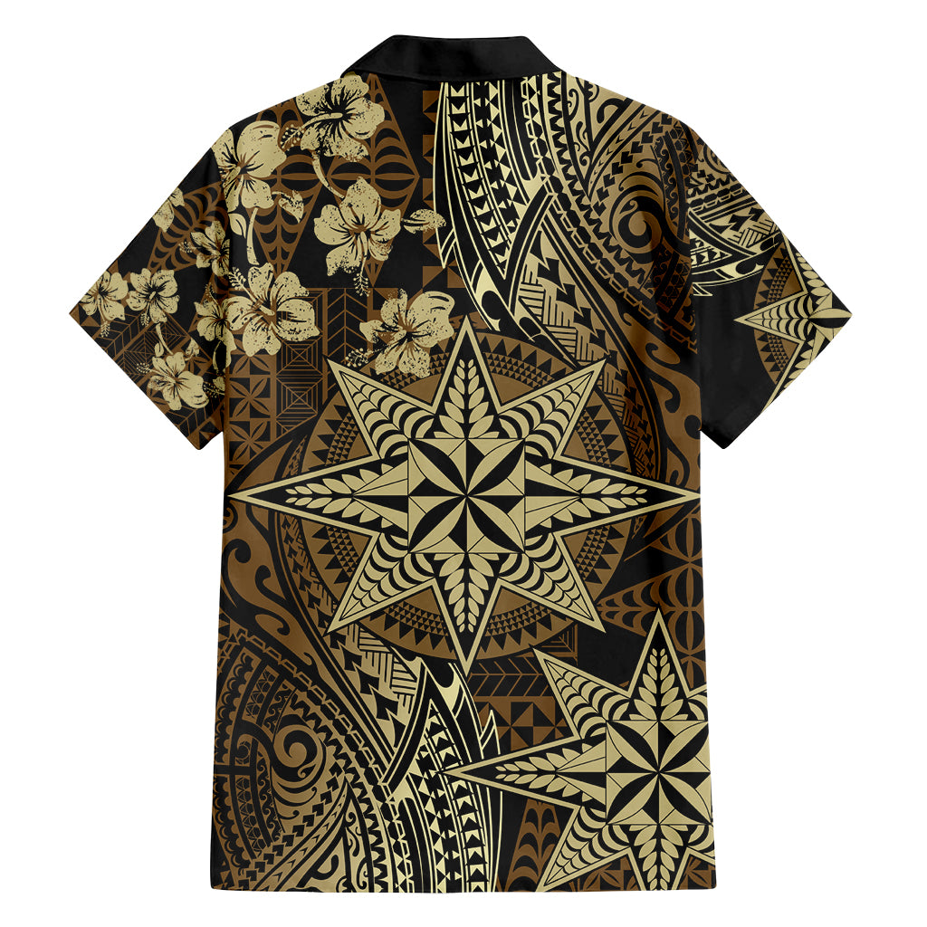 Vintage Tonga Tribal Ngatu Pattern Family Matching Off Shoulder Short Dress and Hawaiian Shirt With Pacific Floral Brown Art LT9 - Polynesian Pride