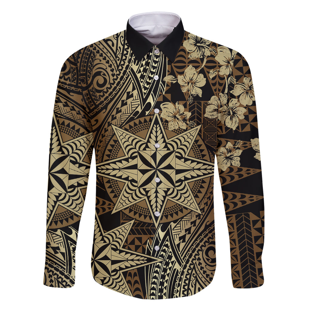 Vintage Tonga Tribal Ngatu Pattern Family Matching Off Shoulder Short Dress and Hawaiian Shirt With Pacific Floral Brown Art LT9 Dad's Shirt - Long Sleeve Brown - Polynesian Pride
