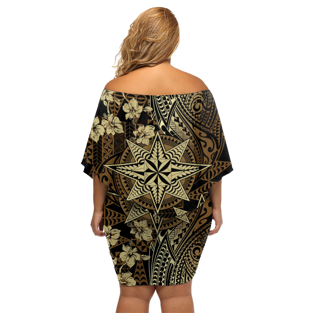 Vintage Tonga Tribal Ngatu Pattern Family Matching Off Shoulder Short Dress and Hawaiian Shirt With Pacific Floral Brown Art LT9 - Polynesian Pride