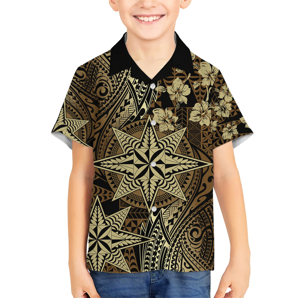 Vintage Tonga Tribal Ngatu Pattern Family Matching Off Shoulder Short Dress and Hawaiian Shirt With Pacific Floral Brown Art LT9 Son's Shirt Brown - Polynesian Pride