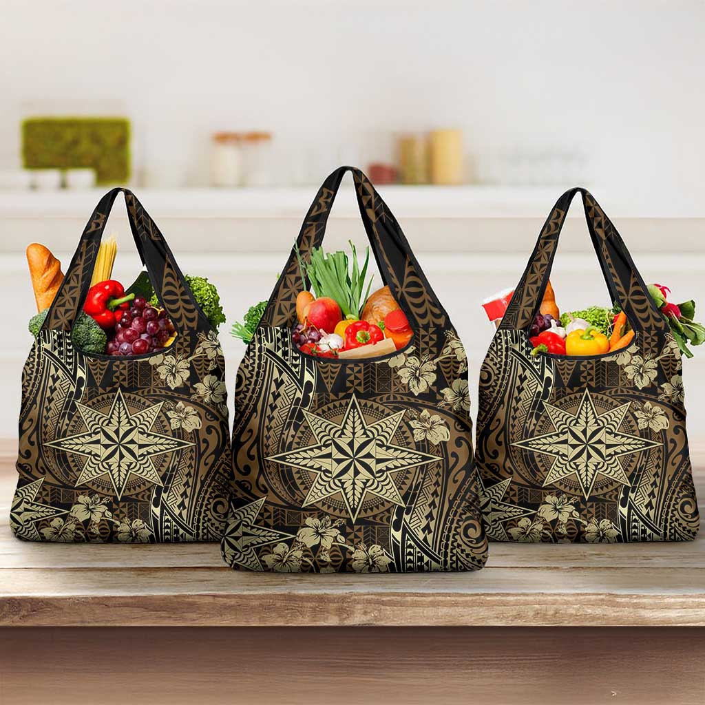 Vintage Tonga Tribal Ngatu Pattern Grocery Bag With Pacific Floral Brown Art