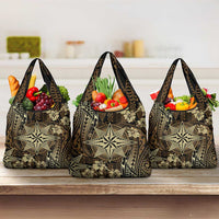 Vintage Tonga Tribal Ngatu Pattern Grocery Bag With Pacific Floral Brown Art