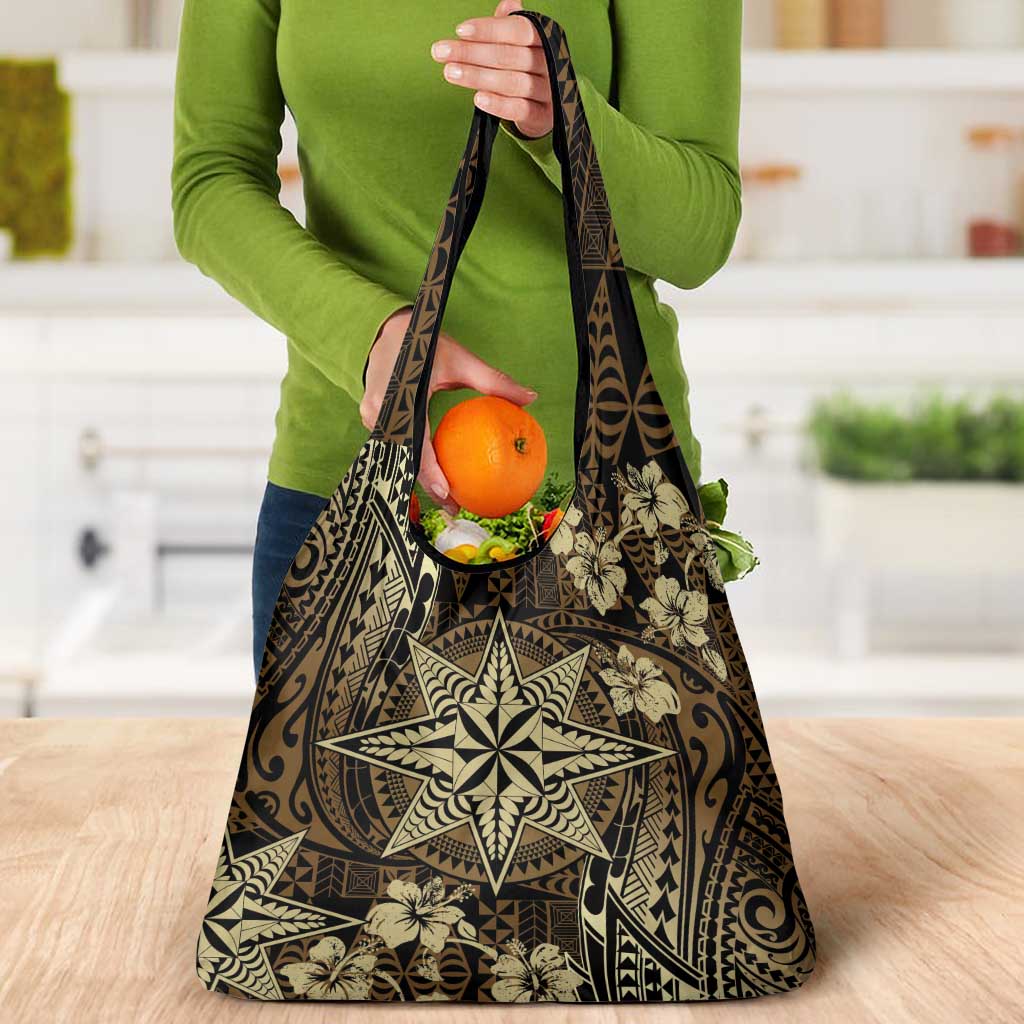 Vintage Tonga Tribal Ngatu Pattern Grocery Bag With Pacific Floral Brown Art