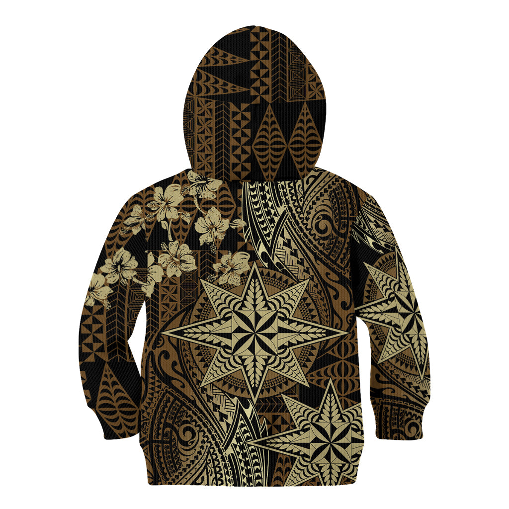 Vintage Tonga Tribal Ngatu Pattern Kid Hoodie With Pacific Floral Brown Art