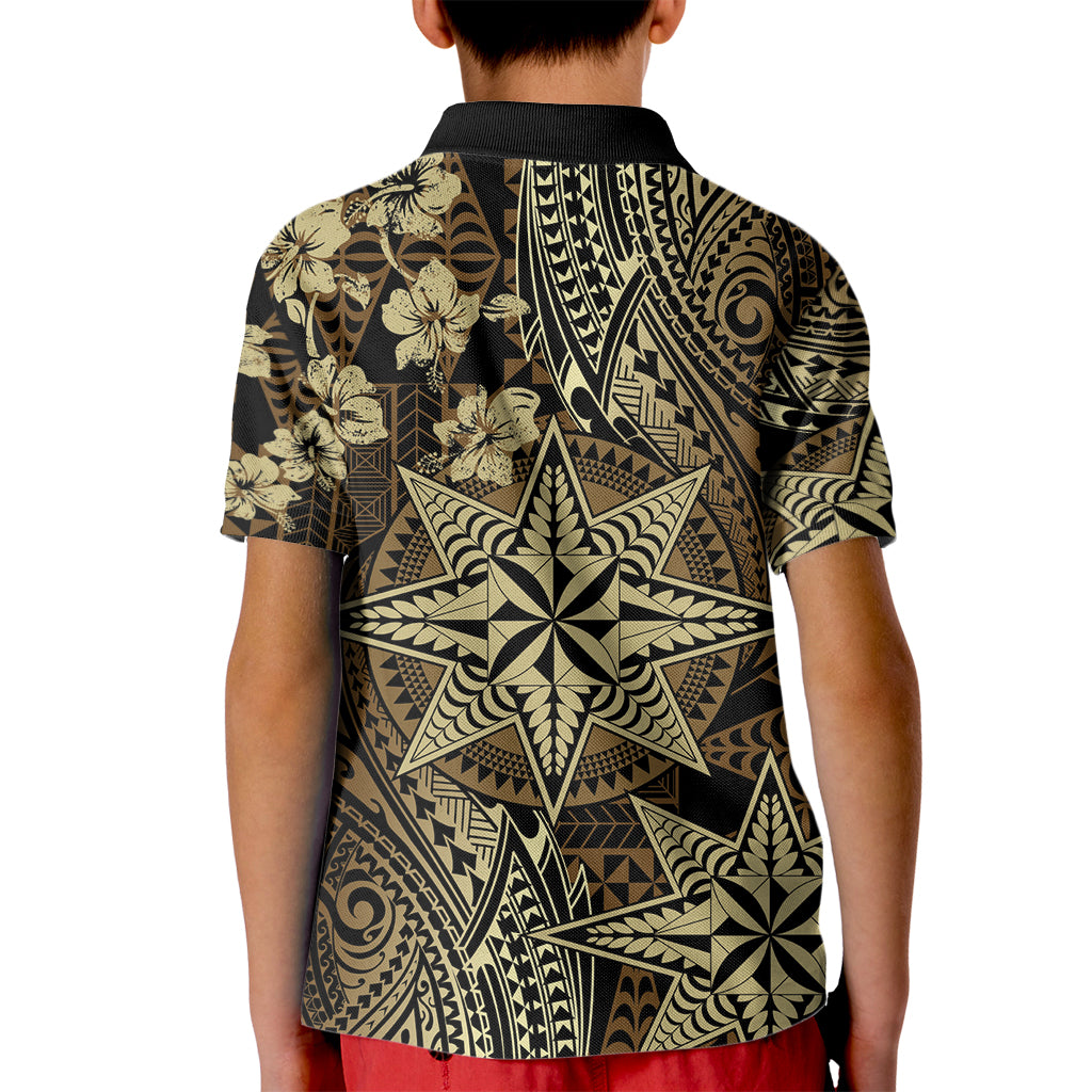 Vintage Tonga Tribal Ngatu Pattern Kid Polo Shirt With Pacific Floral Brown Art