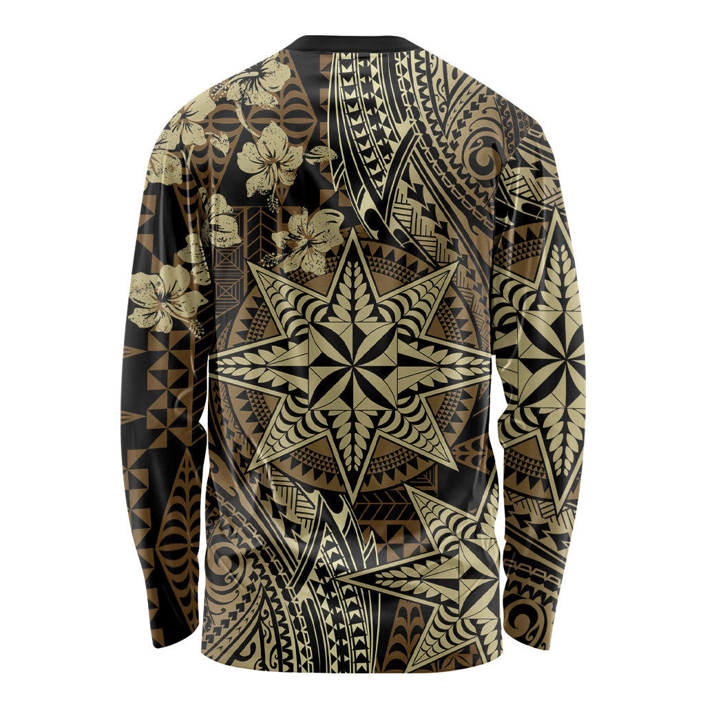 Vintage Tonga Tribal Ngatu Pattern Long Sleeve Shirt With Pacific Floral Brown Art