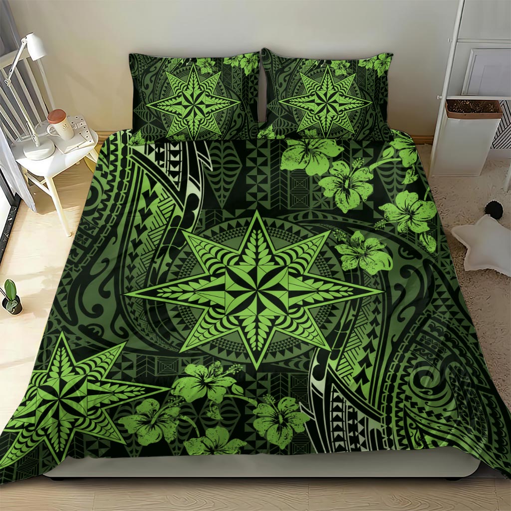 Vintage Tonga Tribal Ngatu Pattern Bedding Set With Pacific Floral Lime Green Art
