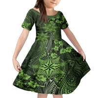 Vintage Tonga Tribal Ngatu Pattern Family Matching Long Sleeve Bodycon Dress and Hawaiian Shirt With Pacific Floral Lime Green Art LT9 Daughter's Dress Lime Green - Polynesian Pride