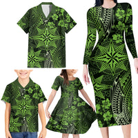 Vintage Tonga Tribal Ngatu Pattern Family Matching Long Sleeve Bodycon Dress and Hawaiian Shirt With Pacific Floral Lime Green Art LT9 - Polynesian Pride
