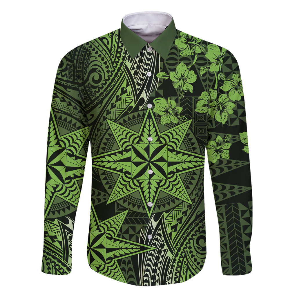 Vintage Tonga Tribal Ngatu Pattern Family Matching Long Sleeve Bodycon Dress and Hawaiian Shirt With Pacific Floral Lime Green Art LT9 Dad's Shirt - Long Sleeve Lime Green - Polynesian Pride