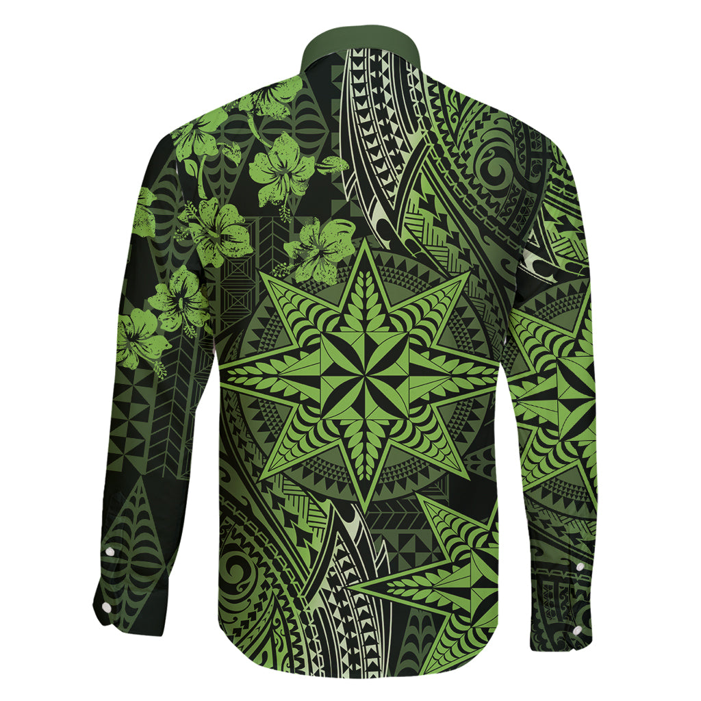 Vintage Tonga Tribal Ngatu Pattern Family Matching Long Sleeve Bodycon Dress and Hawaiian Shirt With Pacific Floral Lime Green Art LT9 - Polynesian Pride