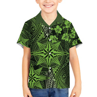 Vintage Tonga Tribal Ngatu Pattern Family Matching Long Sleeve Bodycon Dress and Hawaiian Shirt With Pacific Floral Lime Green Art LT9 Son's Shirt Lime Green - Polynesian Pride