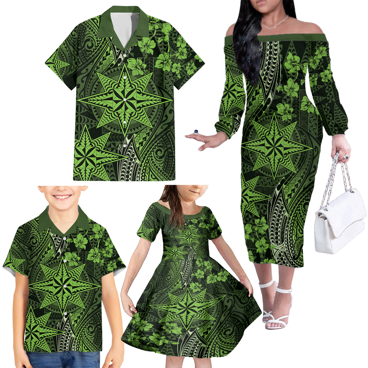 Vintage Tonga Tribal Ngatu Pattern Family Matching Off The Shoulder Long Sleeve Dress and Hawaiian Shirt With Pacific Floral Lime Green Art LT9 - Polynesian Pride