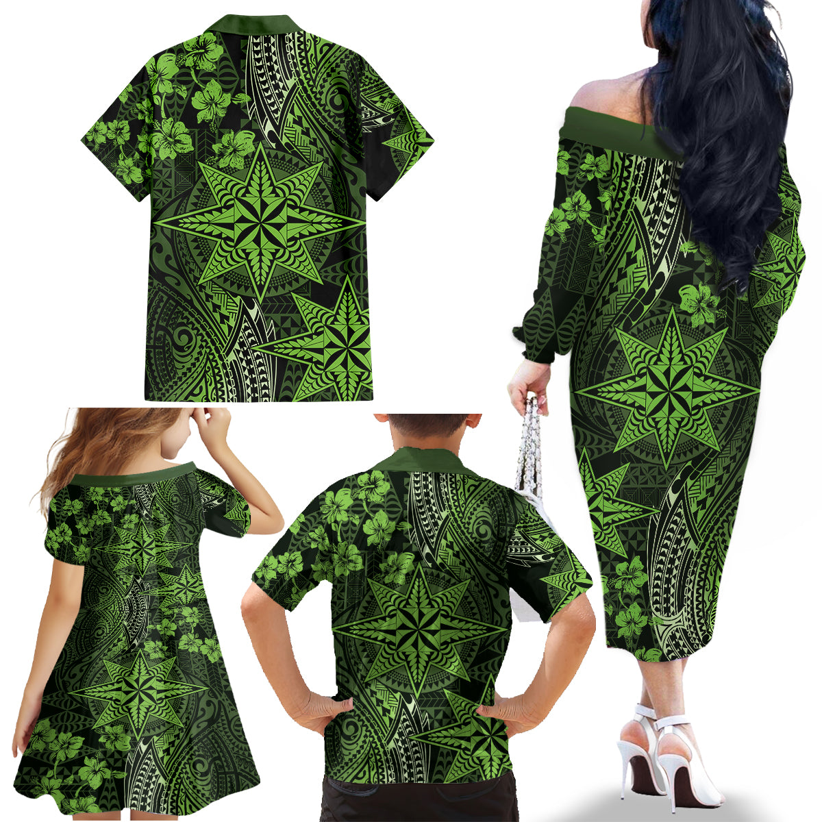 Vintage Tonga Tribal Ngatu Pattern Family Matching Off The Shoulder Long Sleeve Dress and Hawaiian Shirt With Pacific Floral Lime Green Art LT9 - Polynesian Pride