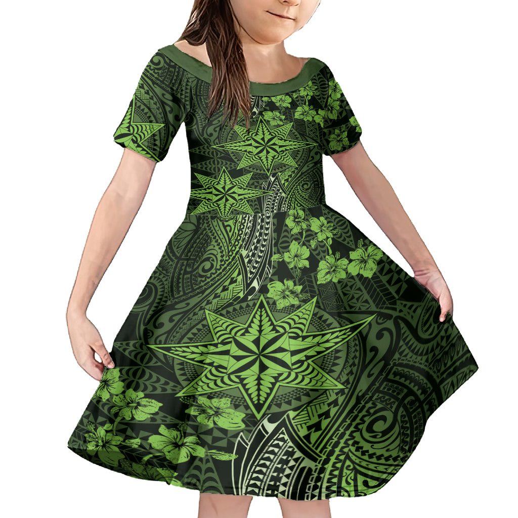 Vintage Tonga Tribal Ngatu Pattern Family Matching Off Shoulder Maxi Dress and Hawaiian Shirt With Pacific Floral Lime Green Art LT9 Daughter's Dress Lime Green - Polynesian Pride