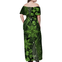 Vintage Tonga Tribal Ngatu Pattern Family Matching Off Shoulder Maxi Dress and Hawaiian Shirt With Pacific Floral Lime Green Art LT9 - Polynesian Pride