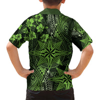 Vintage Tonga Tribal Ngatu Pattern Family Matching Off Shoulder Short Dress and Hawaiian Shirt With Pacific Floral Lime Green Art LT9 - Polynesian Pride