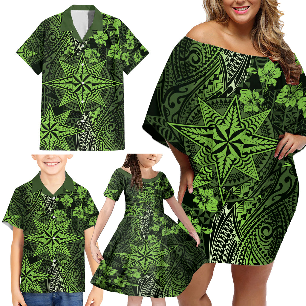 Vintage Tonga Tribal Ngatu Pattern Family Matching Off Shoulder Short Dress and Hawaiian Shirt With Pacific Floral Lime Green Art LT9 - Polynesian Pride