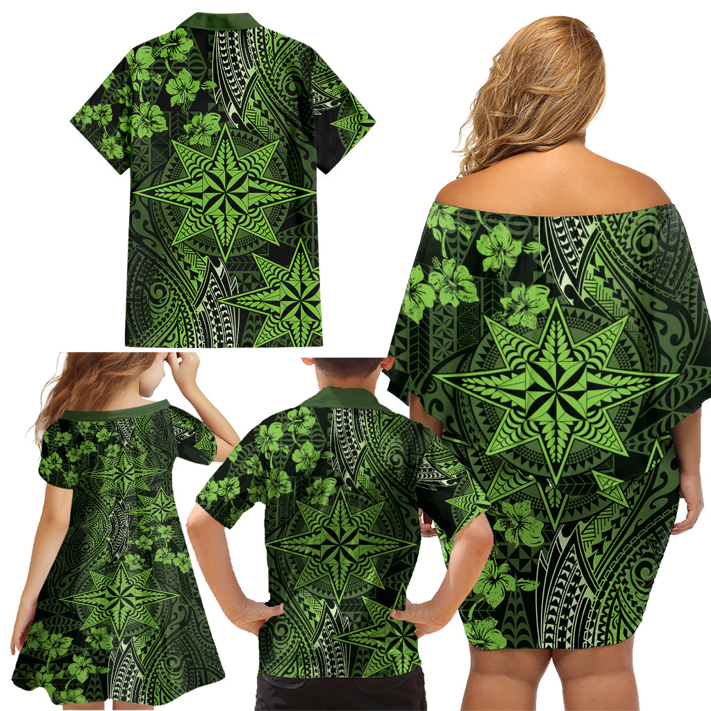 Vintage Tonga Tribal Ngatu Pattern Family Matching Off Shoulder Short Dress and Hawaiian Shirt With Pacific Floral Lime Green Art LT9 - Polynesian Pride