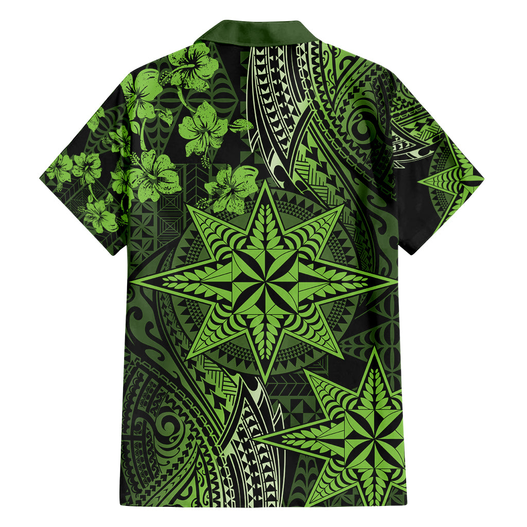 Vintage Tonga Tribal Ngatu Pattern Family Matching Off Shoulder Short Dress and Hawaiian Shirt With Pacific Floral Lime Green Art LT9 - Polynesian Pride