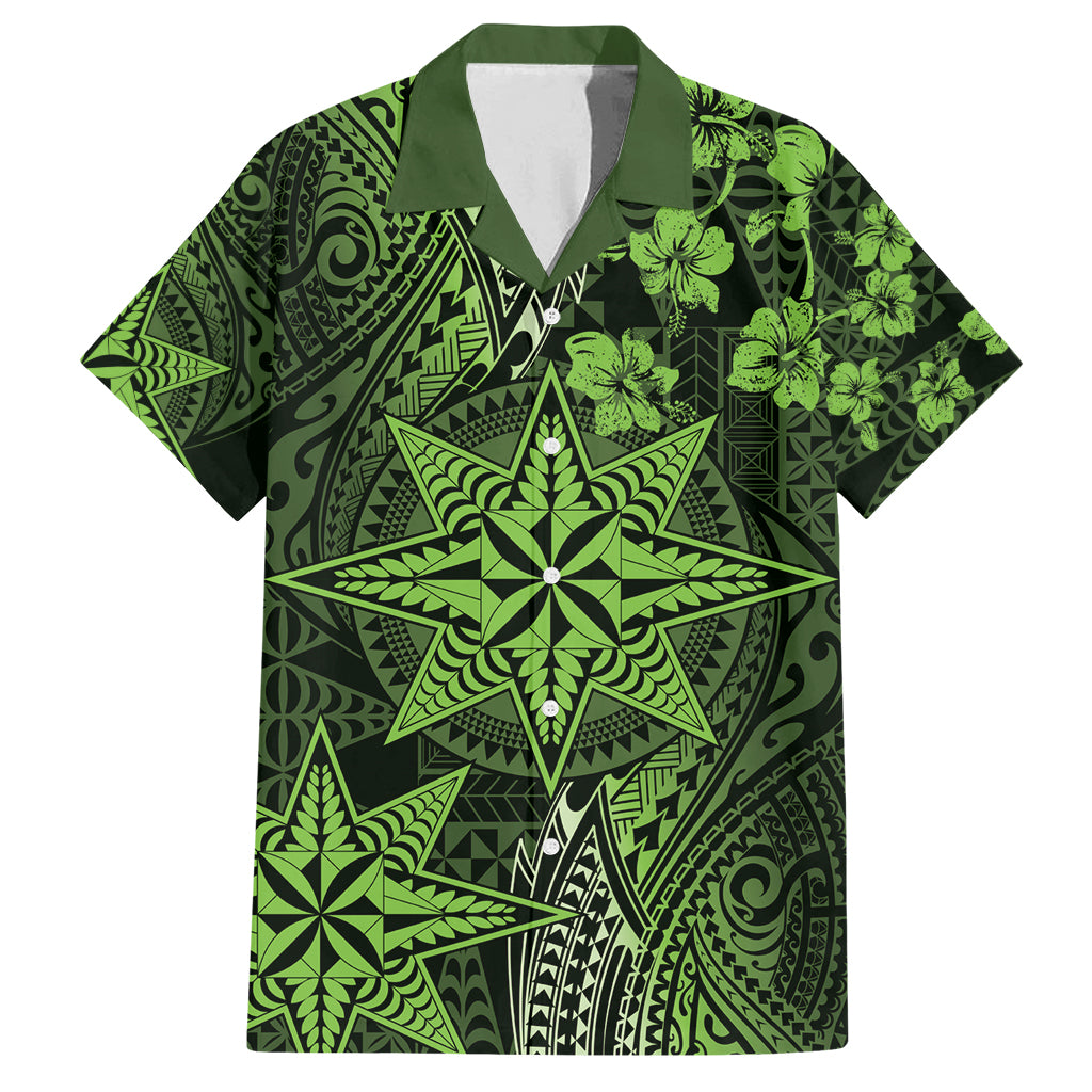 Vintage Tonga Tribal Ngatu Pattern Family Matching Tank Maxi Dress and Hawaiian Shirt With Pacific Floral Lime Green Art LT9 Dad's Shirt - Short Sleeve Lime Green - Polynesian Pride